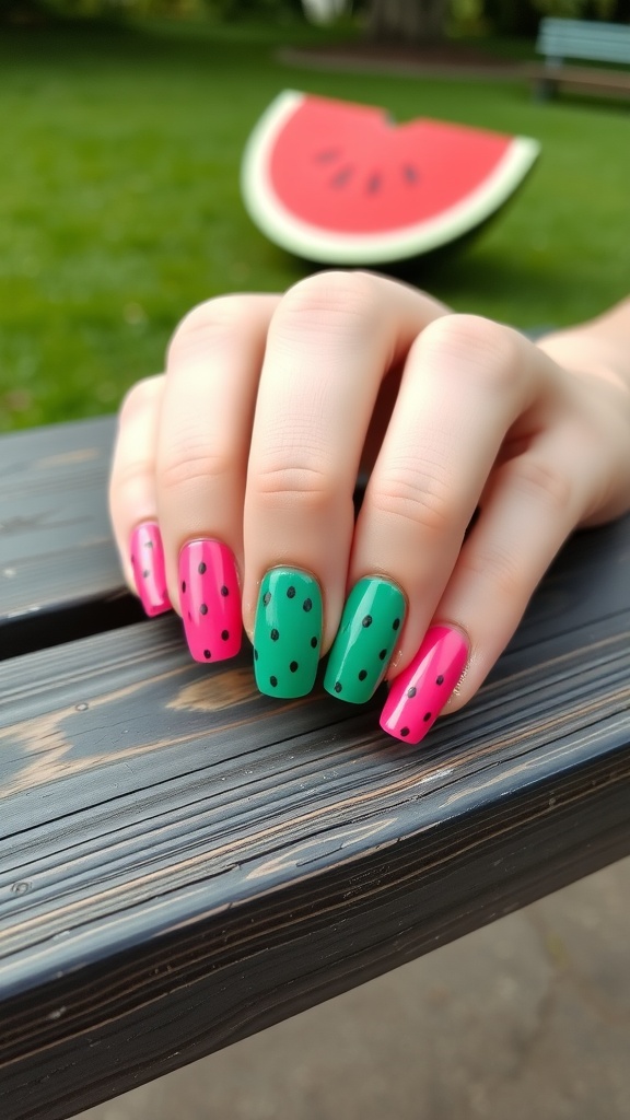 Nail art design featuring watermelon colors and patterns