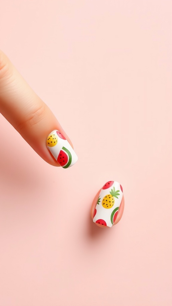 Close-up of a nail design featuring colorful fruits on a pink background.