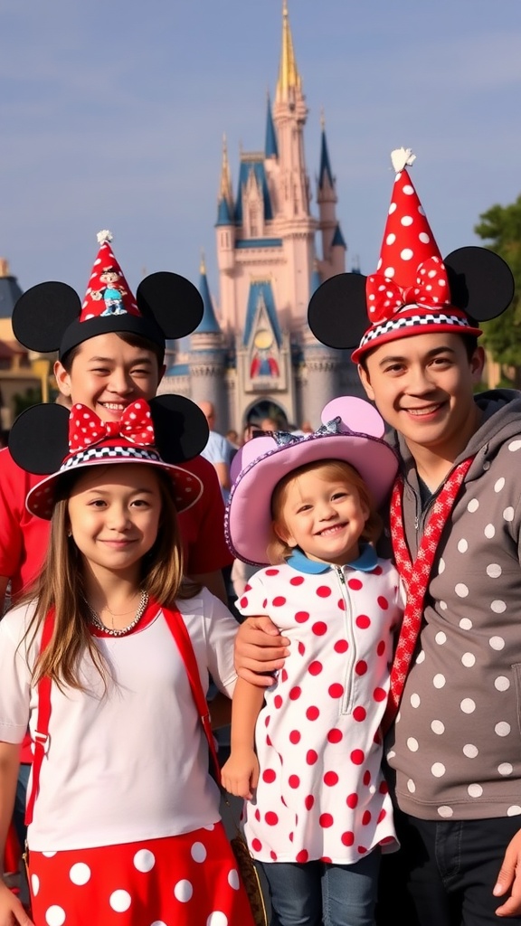 A family wearing matching Disney-themed outfits with polka dots and fun hats at a Disney park.