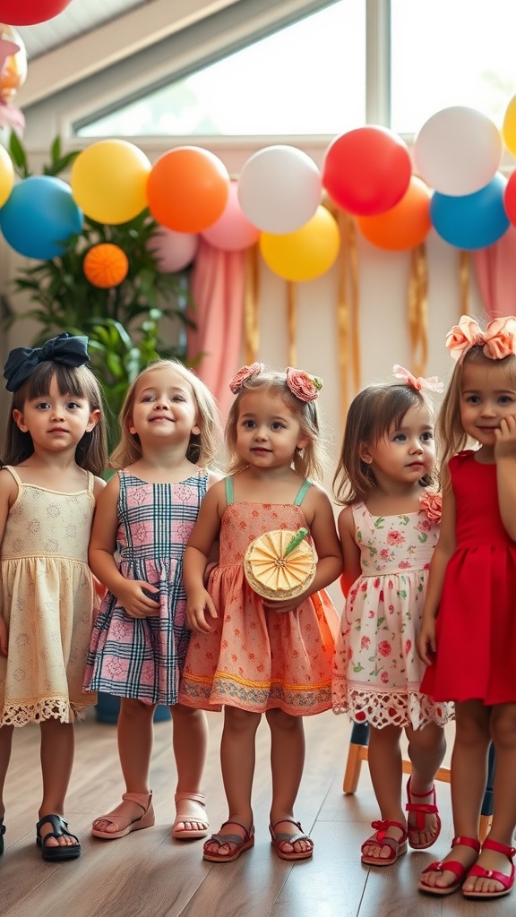 A group of young girls in colorful birthday outfits, smiling and posing at a birthday party with balloons and decorations.