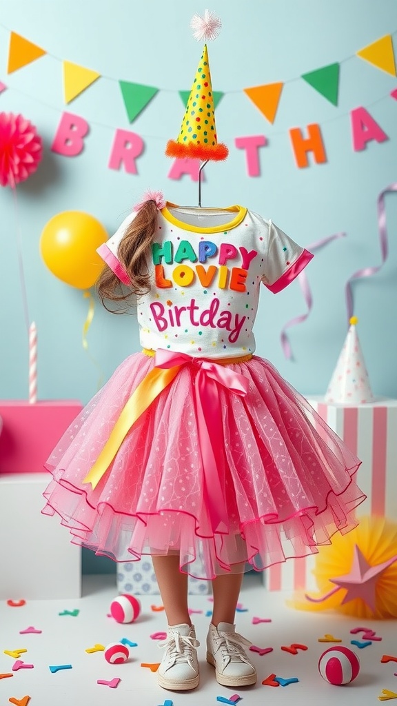 A colorful birthday outfit featuring a 'Happy Birthday' shirt, a fluffy pink tutu skirt, and a festive party hat, surrounded by party decorations.