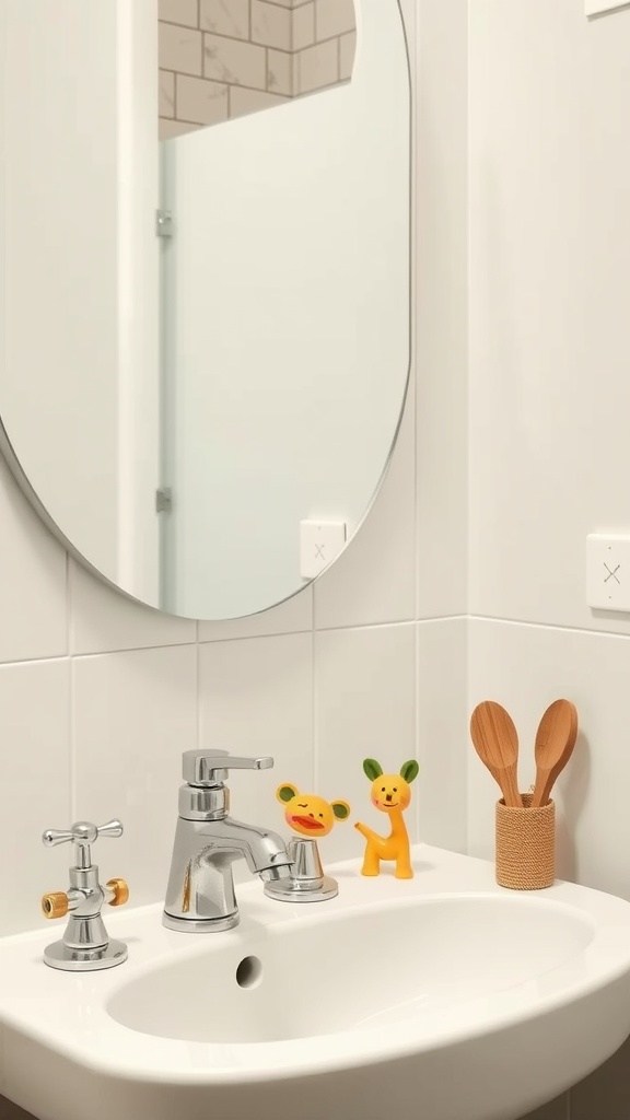 A colorful kids bathroom sink setup with animal toys and a modern faucet.