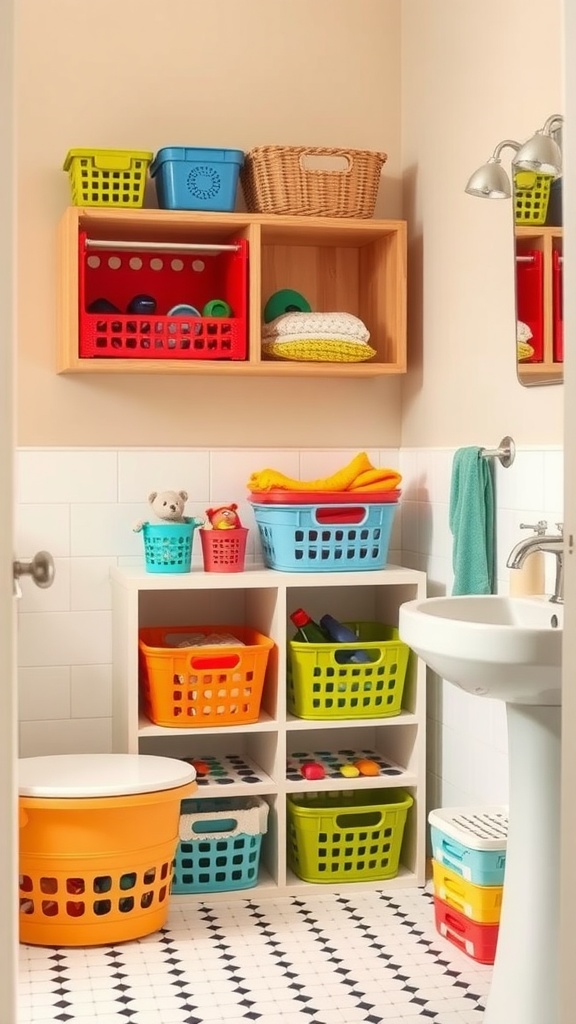 Colorful kids bathroom with vibrant storage solutions