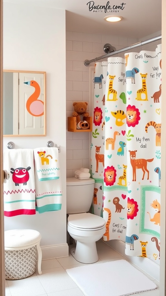A colorful kids' bathroom featuring animal motifs on shower curtain and towels.