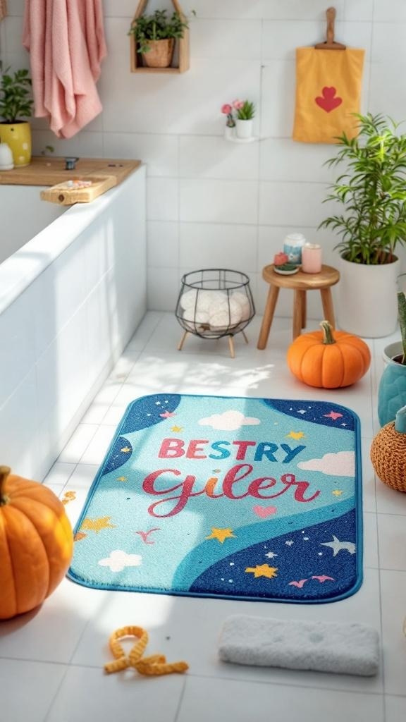 Colorful bath mat in a kids' bathroom with playful designs and decor
