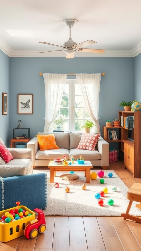 A bright living room with colorful toys, a cozy couch, and natural light.