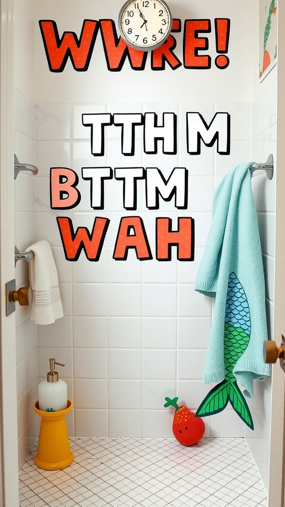 A colorful kid's bathroom featuring playful wall decals, a mermaid tail towel, and fun decor.