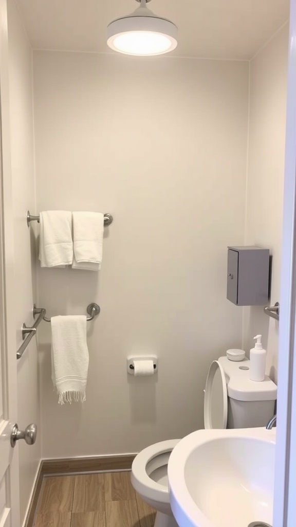 A compact guest bathroom featuring white towels, a small cabinet, and modern lighting.