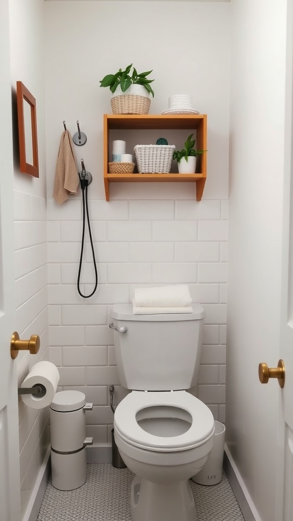 A small bathroom featuring a toilet, shelf with plants, and wall-mounted towel rack.