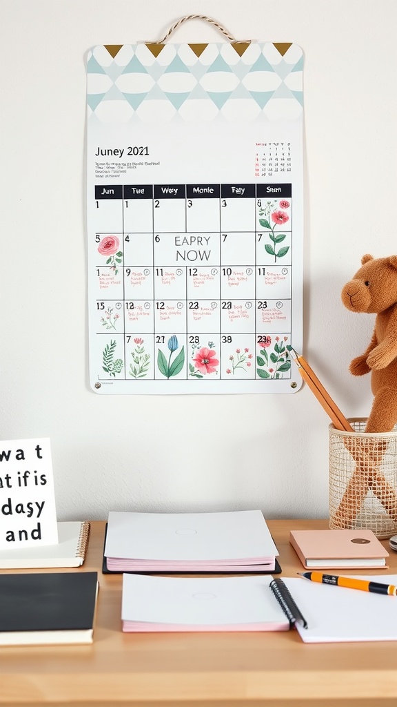 A colorful wall calendar for June 2021 with floral designs, a desk with notebooks and pens, and a teddy bear.