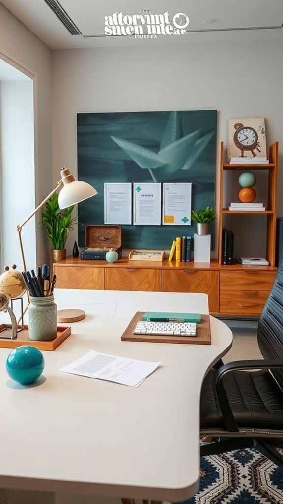 A well-organized principal office desk with stylish accessories and a modern lamp.