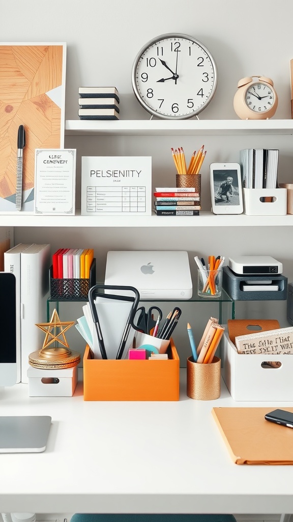 A stylish desk setup featuring colorful organizers, stationery, and a clock, showcasing an organized workspace.