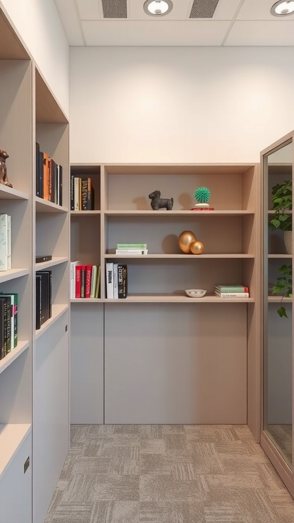 Stylish office shelving with books, decorative items, and a plant.