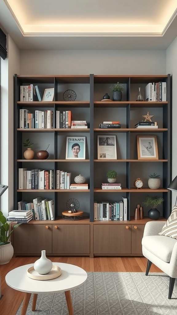 Contemporary shelving unit in a therapy office, featuring books, decorative items, and plants.