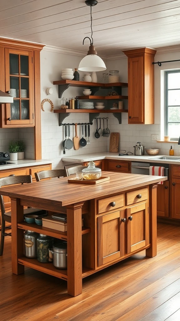 A farmhouse kitchen featuring a wooden island, open shelving, and warm cabinetry.