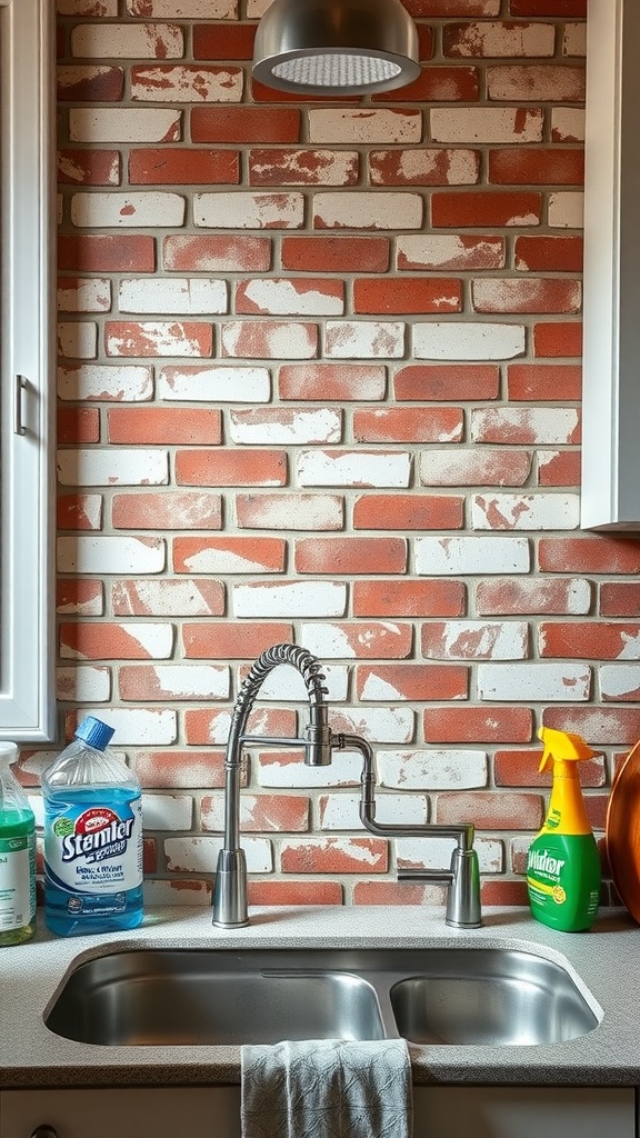 Farmhouse kitchen with a brick backsplash, showcasing cleaning supplies and a modern faucet
