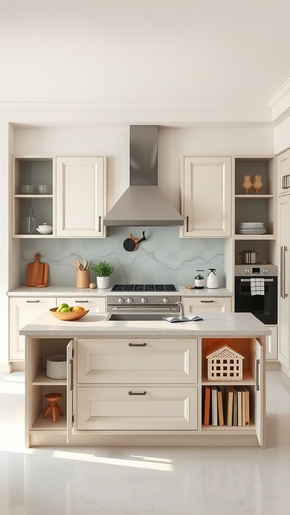 A modern kitchen featuring an island with a stove, open shelves, and a bowl of fruit.