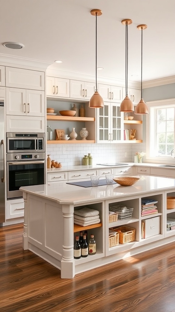A spacious kitchen island with a marble countertop, open shelves, and pendant lighting.