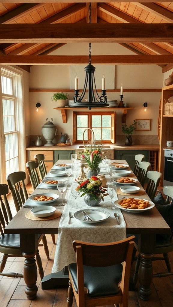 A spacious farmhouse kitchen table set for a meal, featuring plates, glasses, and a floral centerpiece.