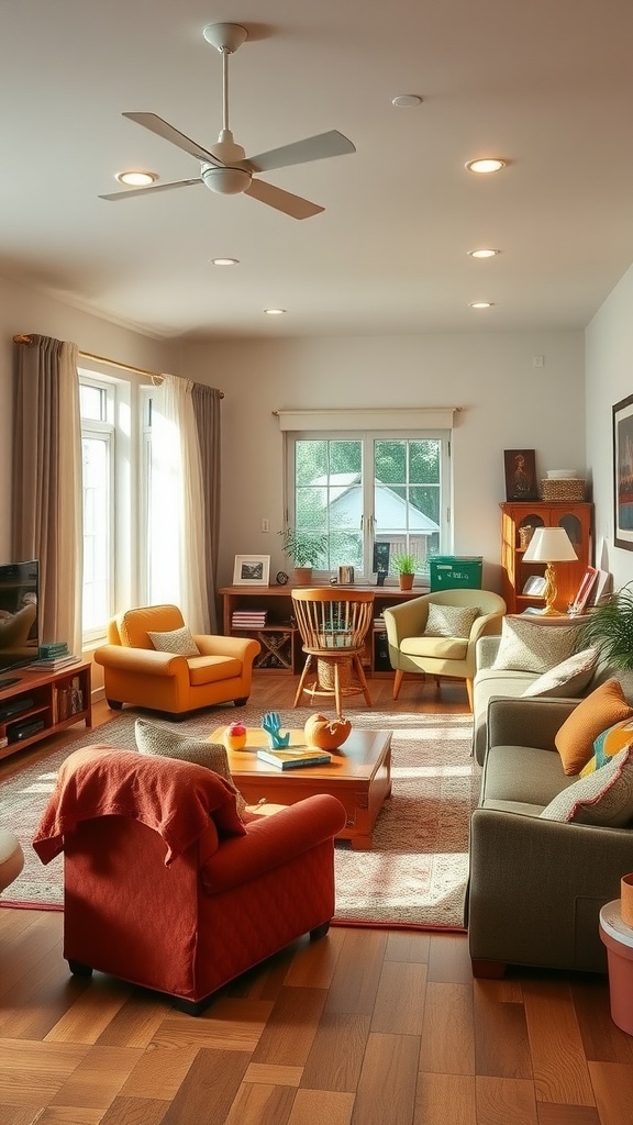 Cozy living room with colorful seating and natural light