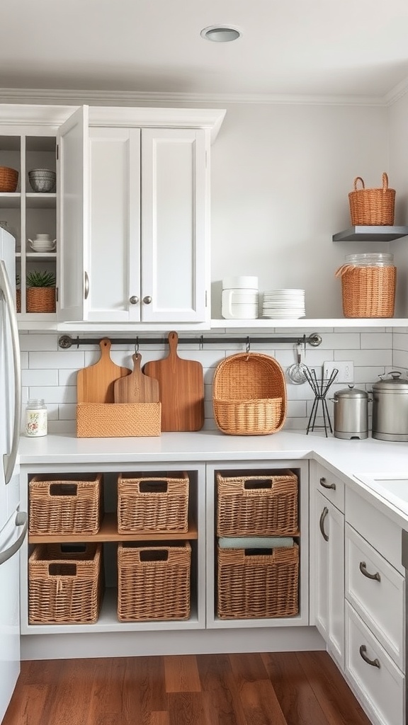 A white farmhouse kitchen with open shelves, wooden cutting boards, and woven baskets for storage.