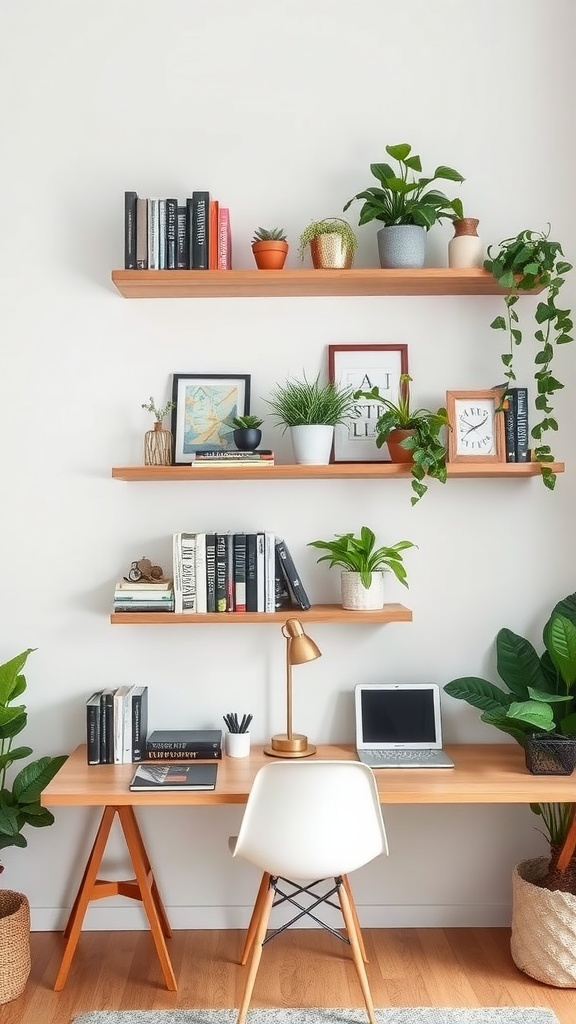 A cozy small home office with functional floating shelves displaying books and plants.