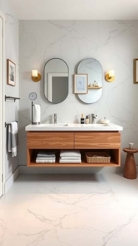 A modern guest bathroom featuring a functional floating vanity with wooden drawers, round mirrors, and elegant wall sconces.