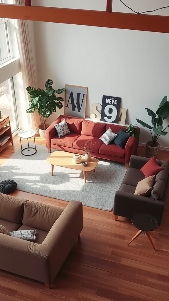 Cozy living room featuring a brown couch and complementary furniture arrangements.