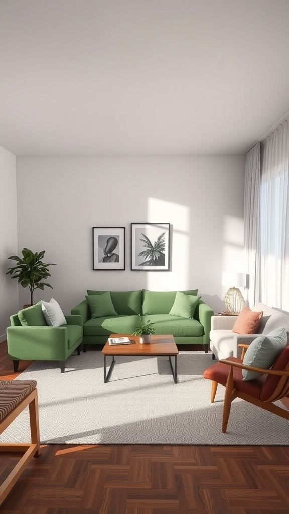 Stylish living room featuring a green couch, wooden coffee table, and cozy seating arrangements.