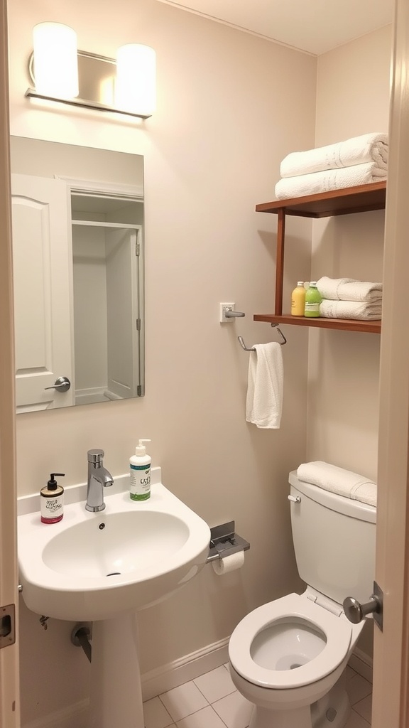 A small, functional guest bathroom with neatly stacked towels, toiletries on the sink, and bright lighting.