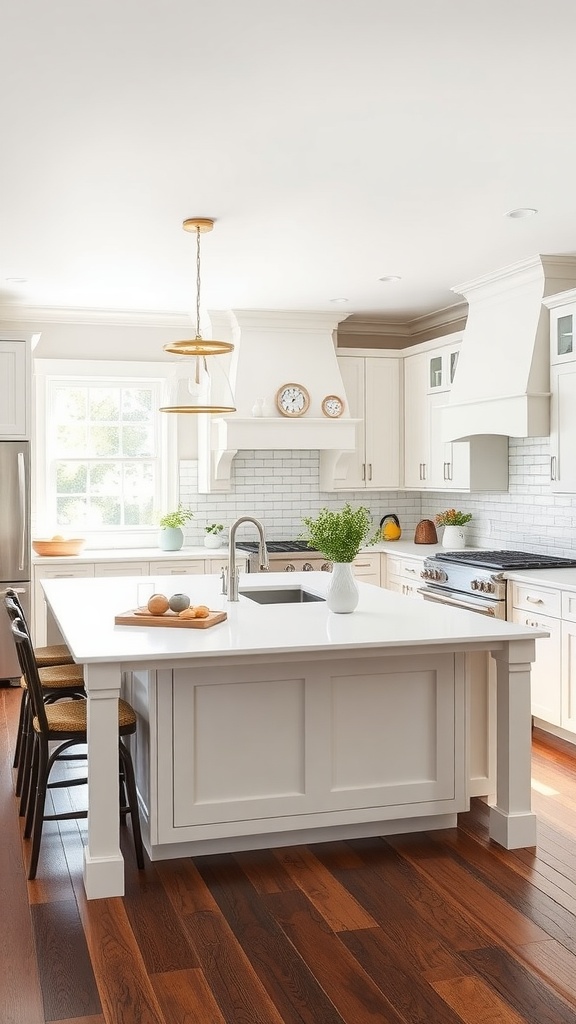 A bright white farmhouse kitchen featuring a central island with a sink and bar stools, complemented by wooden flooring.