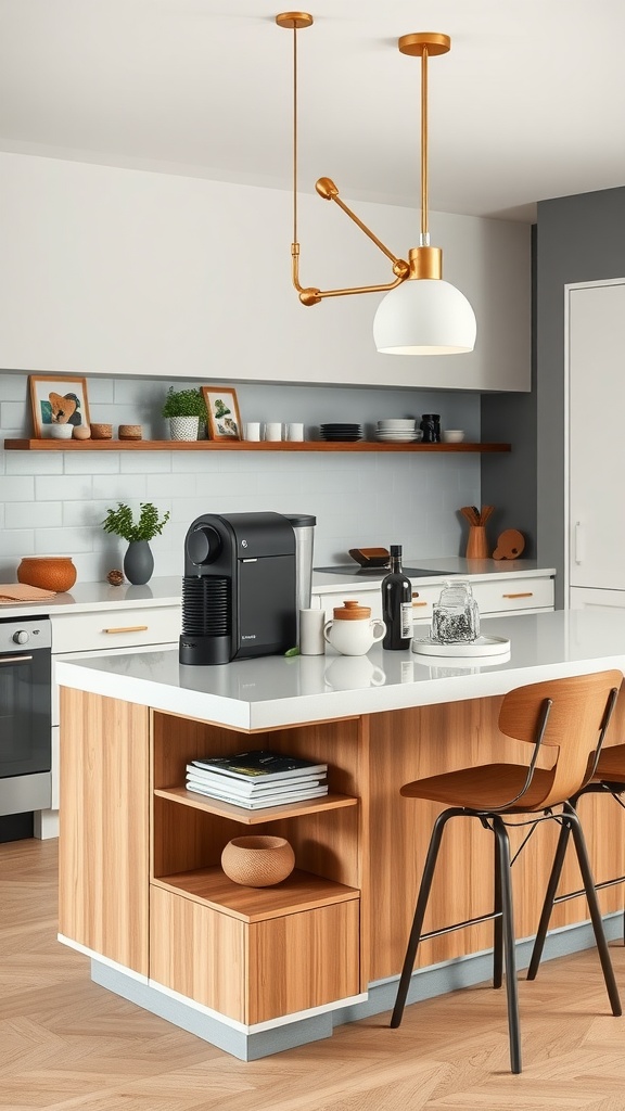A modern kitchen island featuring a Nespresso coffee machine, wooden accents, and stylish decor.
