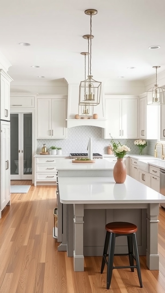 A bright, functional white farmhouse kitchen featuring a spacious island with storage and a bar stool.