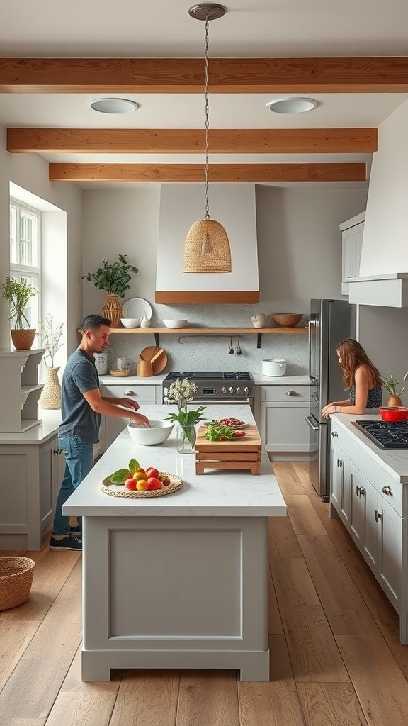 A modern farmhouse kitchen featuring a functional kitchen island with a marble countertop, two people engaging in meal prep, and a warm, inviting atmosphere.