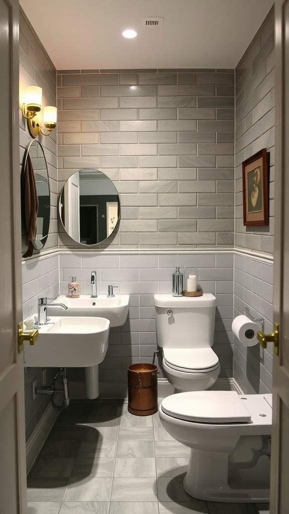 A modern guest bathroom featuring a functional layout with gray tiles, a sink, toilet, and decorative elements.