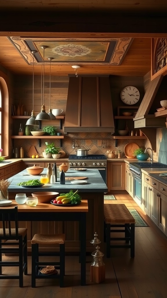 A rustic farmhouse kitchen island featuring ample counter space, fresh ingredients, and cozy seating.
