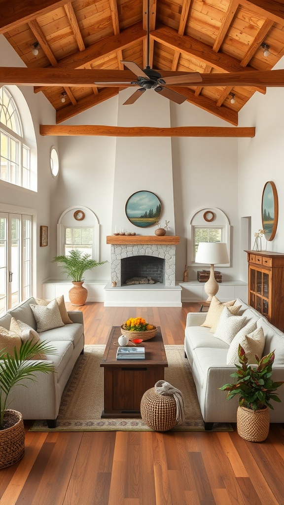 Cozy western farmhouse living room with stone fireplace and wooden beams.