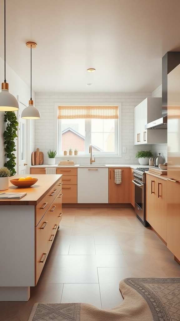A mid-century modern kitchen featuring an organized layout with warm wood tones and natural lighting.