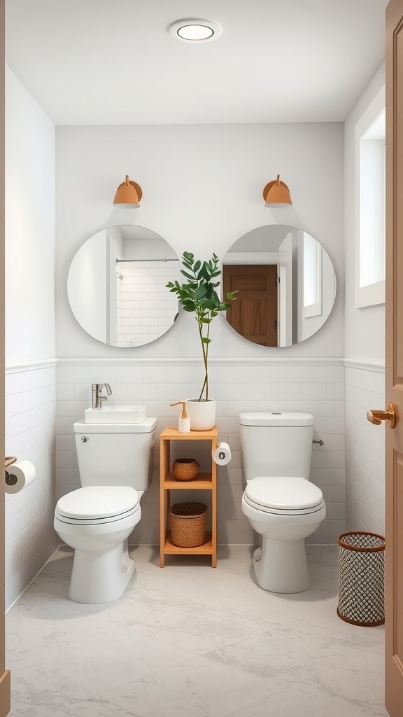 A jack and jill bathroom featuring two toilets, circular mirrors, and a small shelf with plants.