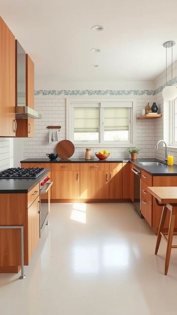 A modern mid-century kitchen featuring warm wood cabinetry, a sleek countertop, and ample natural light.