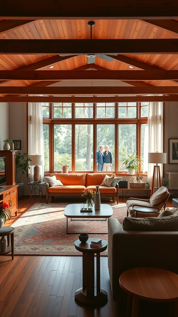 A mid-century modern living room with large windows, wooden beams, and cozy furniture.