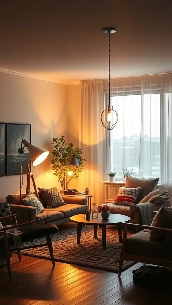 Cozy minimalist living room with functional lighting solutions