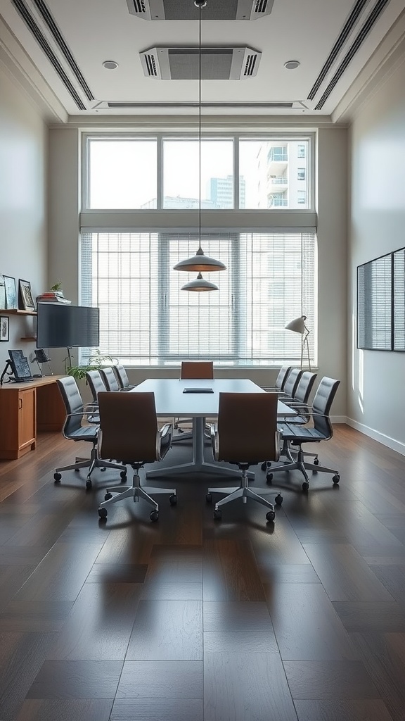 Modern meeting space with a large circular table and comfortable chairs, featuring natural light from large windows.