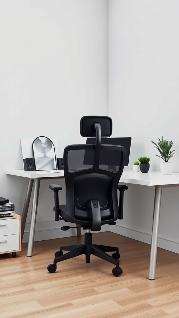 Modern minimalist home office setup with a black ergonomic chair and a white desk.