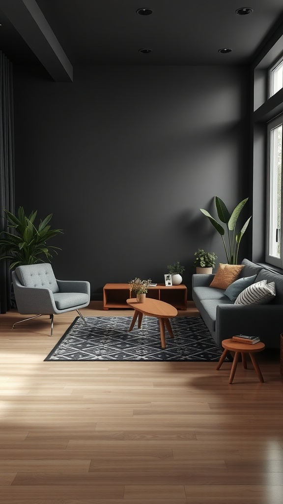 Stylish black living room with modern furniture and plants