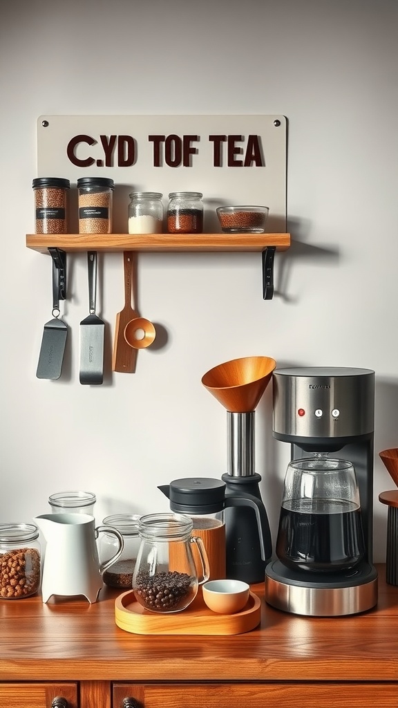A functional coffee and tea station with neatly arranged jars and modern appliances on a wooden countertop.