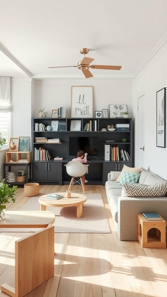 A modern living room featuring a cozy sofa, a workspace, and bookshelves, demonstrating a functional multi-use space.