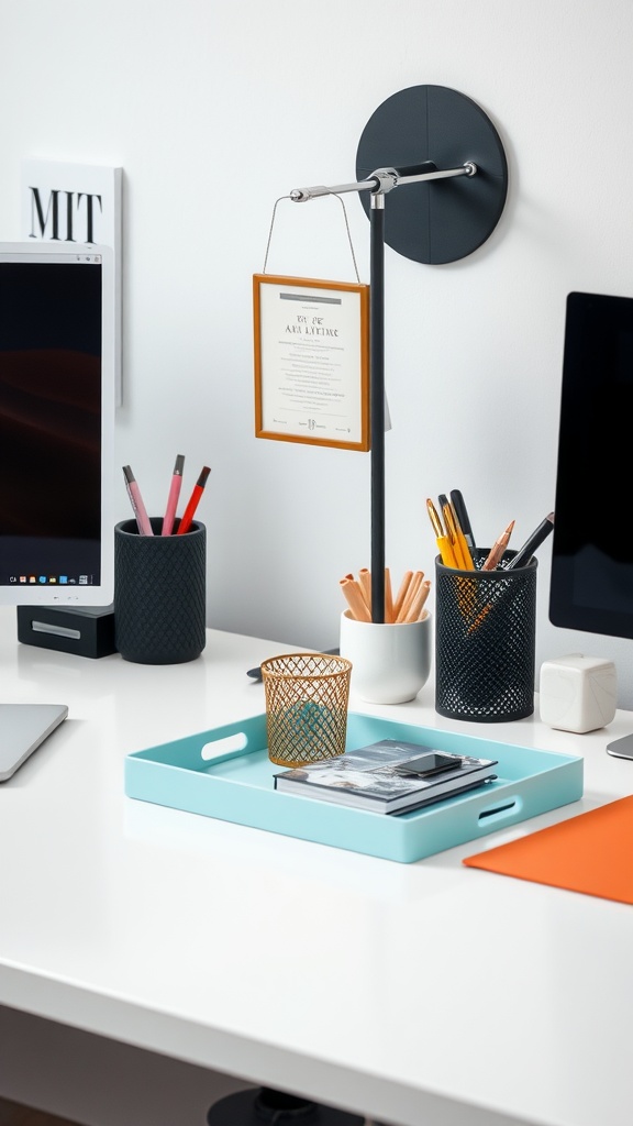 A modern office desk with organizational accessories, including pen holders, a tray with documents, a candle, and a framed certificate.