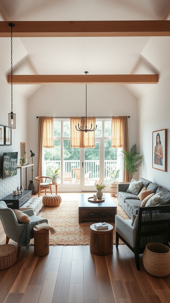 A bright boho-inspired living room with wooden beams, cozy seating, and plants