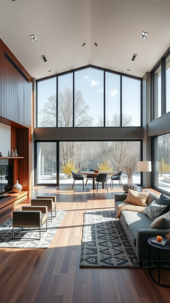 A modern living room with large windows, a comfortable seating area, and a dining space visible outdoors.